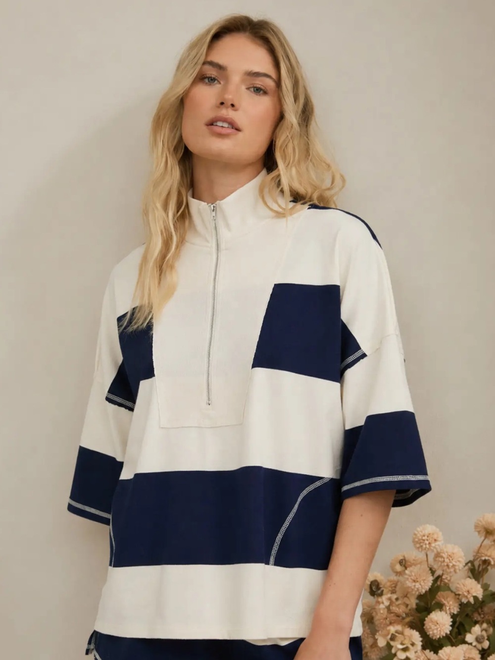Blu Pepper Navy and White Half-Zip Striped Pullover